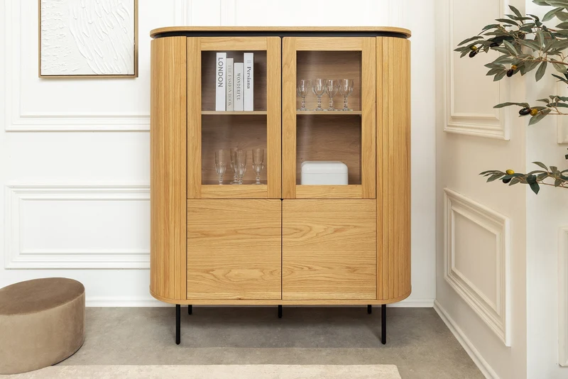 Buffet haut moderne ATELIER 140cm chêne naturel métal noir six compartiments