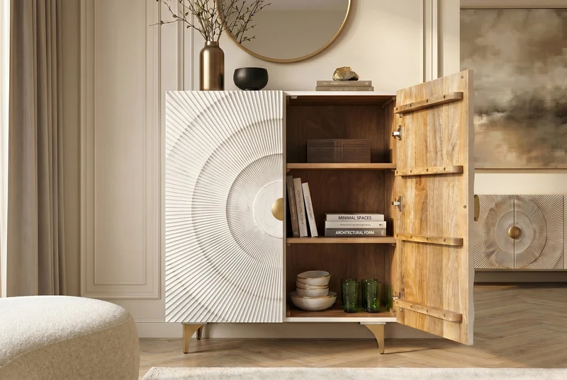 Buffet haut massif GOLDEN SUNSET 120cm en bois de manguier doré blanc avec sculptures 3D