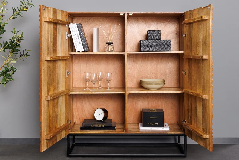 Buffet haut massif ART 120cm bois de manguier marron design 3D métal noir