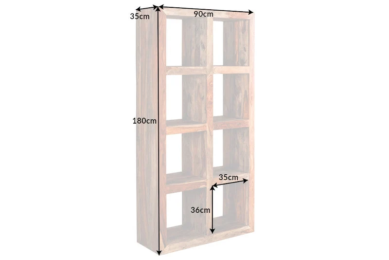 Etagère solide MAKASSAR 180cm bois Sheesham finition fumée 8 compartiments fait main