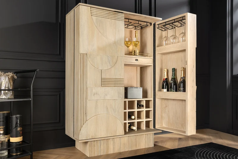 Meuble bar design ART DECO 140cm bois de manguier cérusé blanc façade 3D