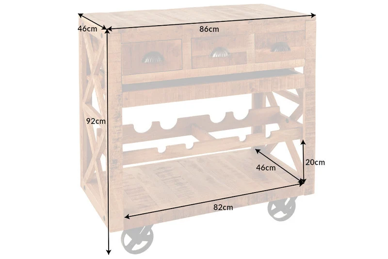 Meuble bar industriel BODEGA Chariot de service en manguier 86 cm avec casier à vin