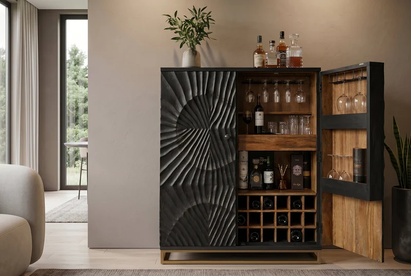 Meuble bar massif SCORPION 141cm en manguier noir avec sculptures 3D