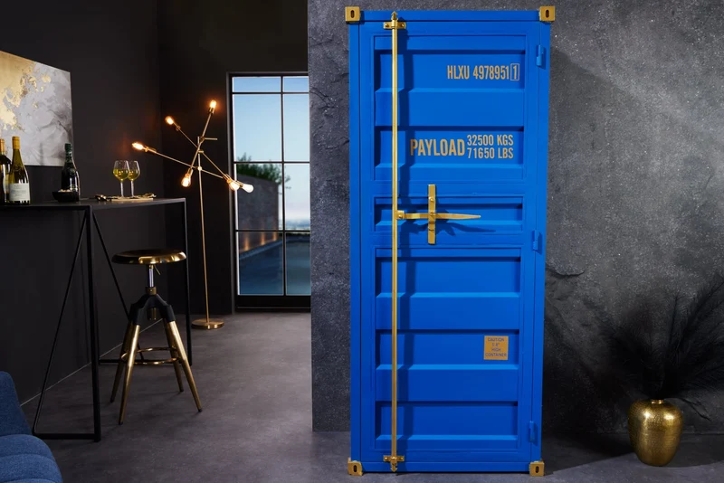 Meuble bar design conteneur GLOBETROTTER 180cm casier à vin bleu upcycling