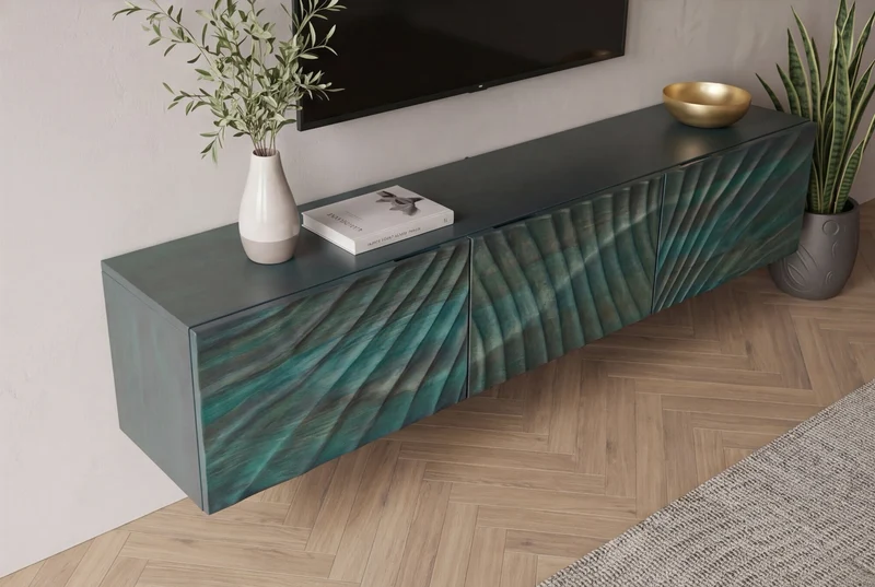 Meuble TV massif SCORPION 160cm meuble bas suspendu en manguier turquoise