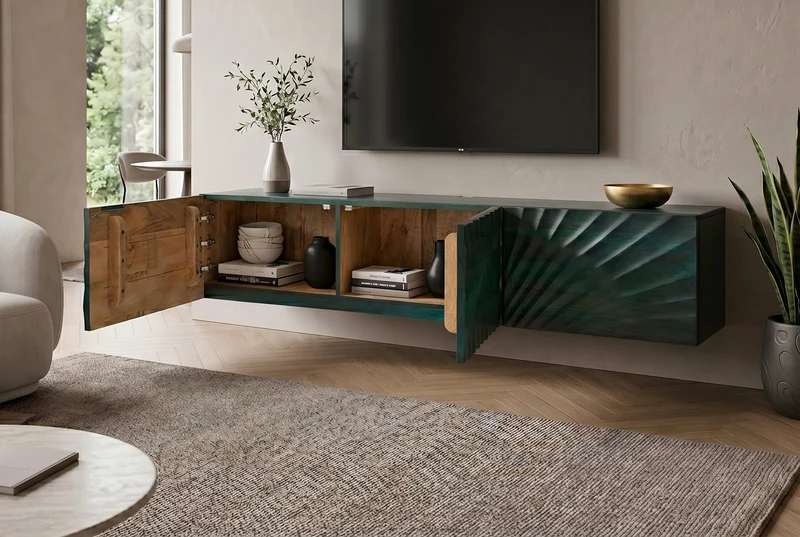 Meuble TV massif SCORPION 160cm meuble bas suspendu en manguier turquoise