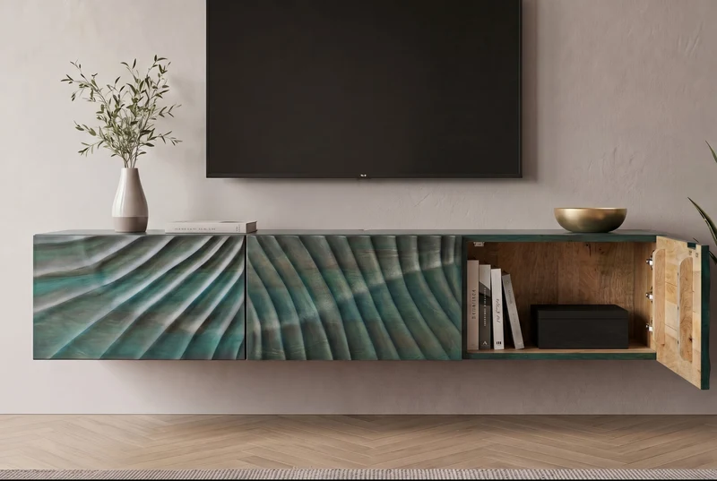 Meuble TV massif SCORPION 160cm meuble bas suspendu en manguier turquoise