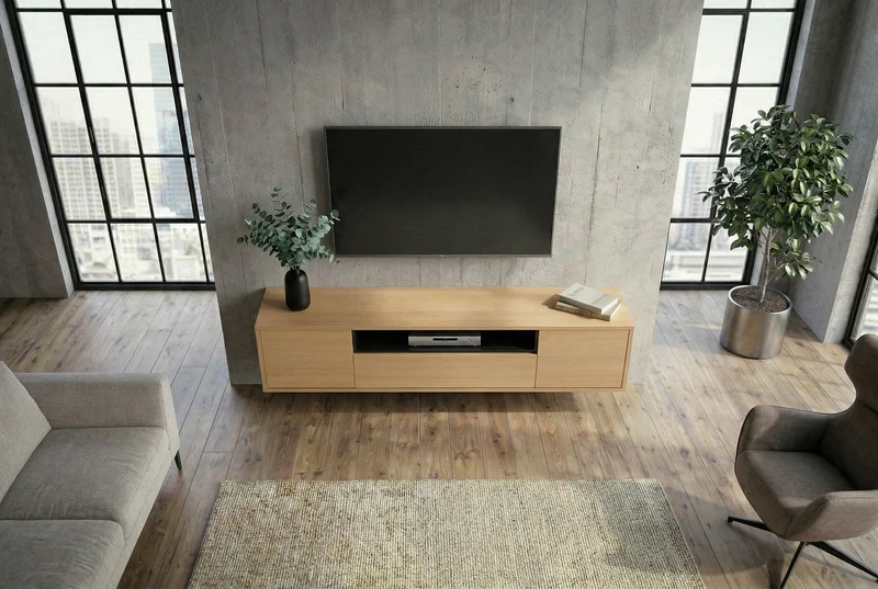 TV-Board suspendu LOFT 150cm naturel noir cinq compartiments avec tiroir