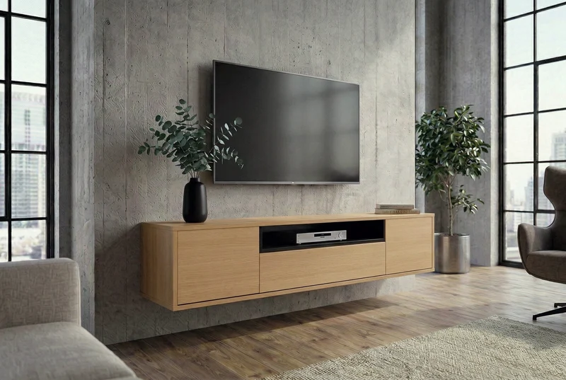 TV-Board suspendu LOFT 150cm naturel noir cinq compartiments avec tiroir