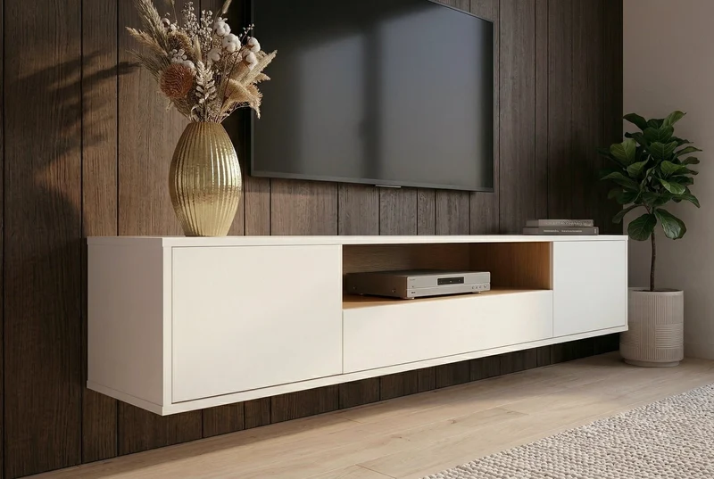 Meuble TV suspendu LOFT 150cm blanc naturel cinq compartiments avec tiroir (réf. 47813)
