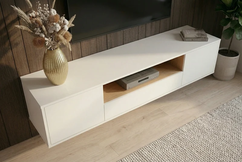 Meuble TV suspendu LOFT 150cm blanc naturel cinq compartiments avec tiroir (réf. 47813)