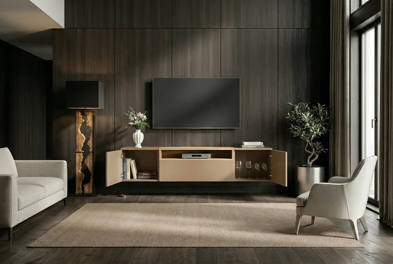 TV-Board LOFT 160cm naturel gris beige greige trois compartiments avec tiroir