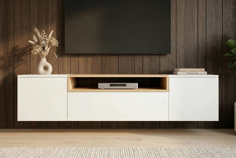 TV-Board suspendu LOFT 160 cm blanc naturel trois compartiments avec tiroir