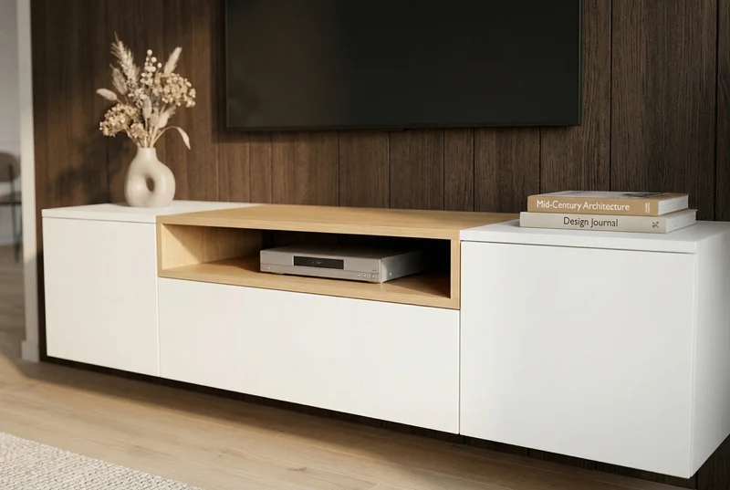 TV-Board suspendu LOFT 160 cm blanc naturel trois compartiments avec tiroir