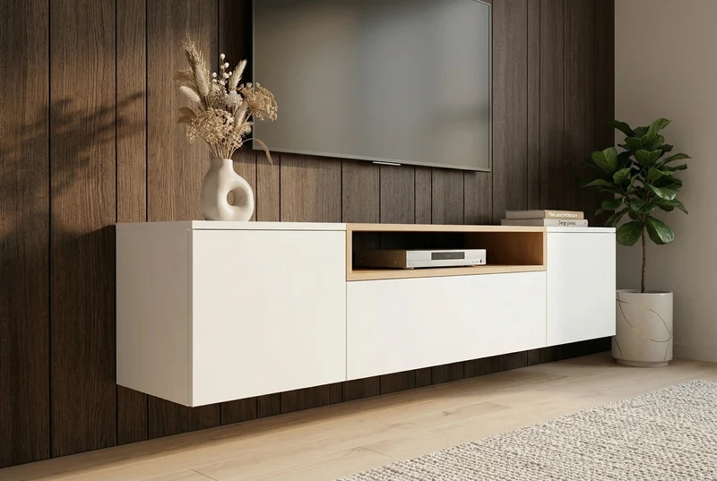 TV-Board suspendu LOFT 160 cm blanc naturel trois compartiments avec tiroir