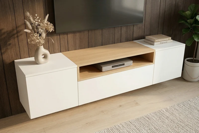 TV-Board suspendu LOFT 160 cm blanc naturel trois compartiments avec tiroir