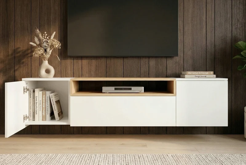 TV-Board suspendu LOFT 160 cm blanc naturel trois compartiments avec tiroir
