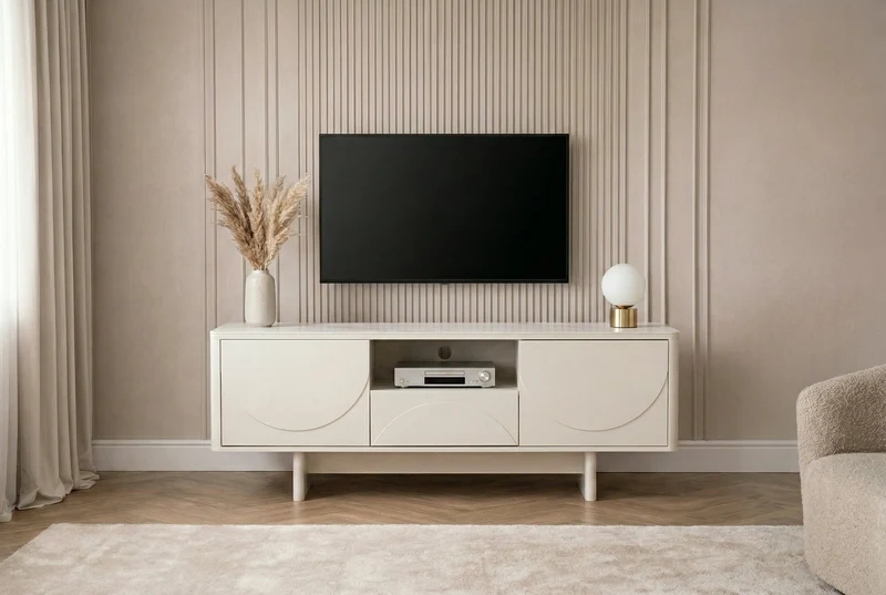 Meuble TV design SAVOY 150cm cachemire marbre blanc céramique avec rangements et façade 3D