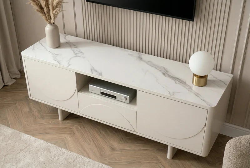 Meuble TV design SAVOY 150cm cachemire marbre blanc céramique avec rangements et façade 3D