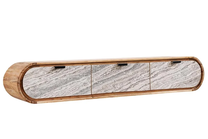 TV-Board ORGANIC 160cm suspendu en acacia naturel noir blanc revêtement pierre tiroirs
