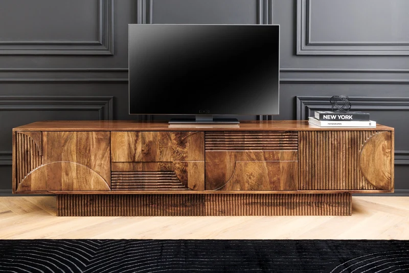 Meuble TV massif ART DECO 200cm meuble bas en manguier marron façade 3D