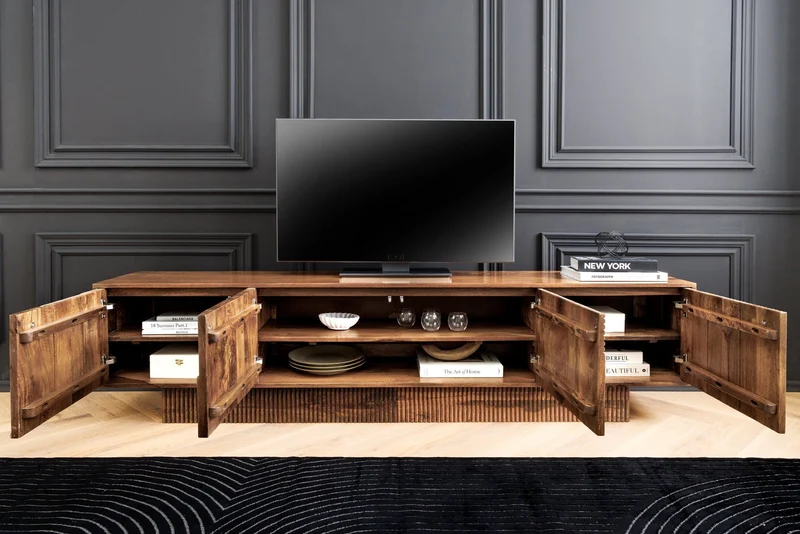 Meuble TV massif ART DECO 200cm meuble bas en manguier marron façade 3D