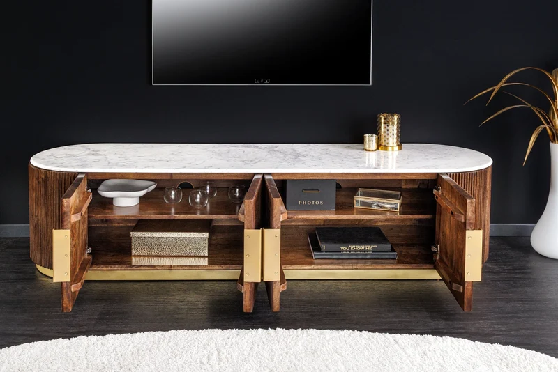 Meuble TV design GATSBY 170cm marron doré manguier dessus marbre blanc