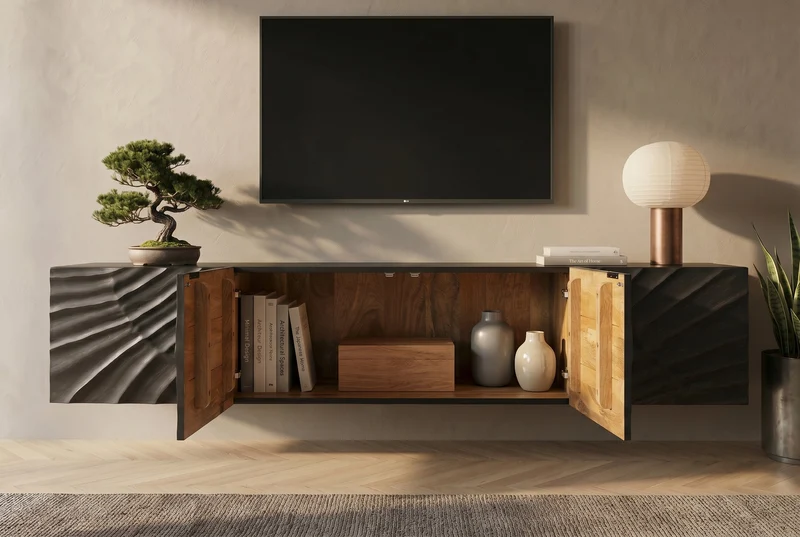 Buffet TV massif SCORPION 200cm noir suspendu en manguier design 3D