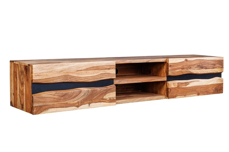 Meuble TV suspendu AMAZONAS 160cm bois massif sheesham marron bord d’arbre métal noir