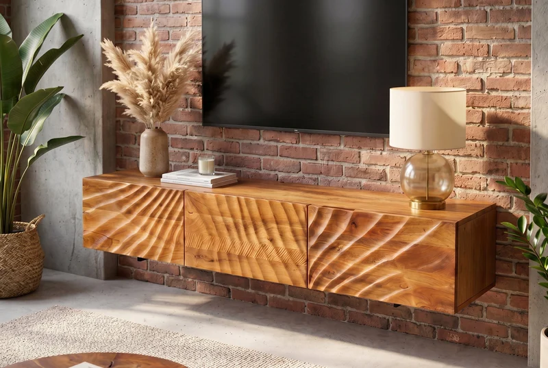 Banc TV en bois massif SCORPION 160cm meuble bas mural en manguier marron