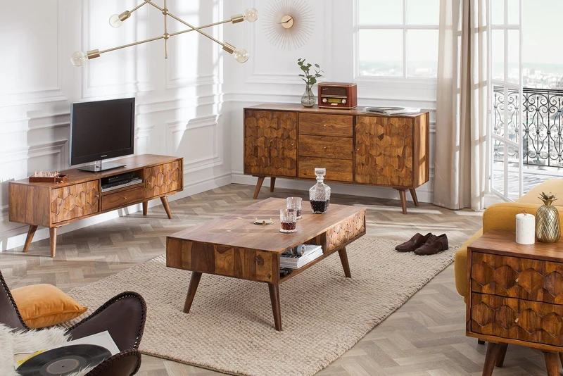 Meuble TV massif MYSTIC LIVING 140cm bois massif Sheesham marron finition pierre façade 3D