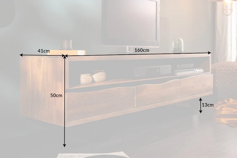 Meuble TV massif MAMMUT 160cm acacia finition miel meuble bas bord d’arbre en métal