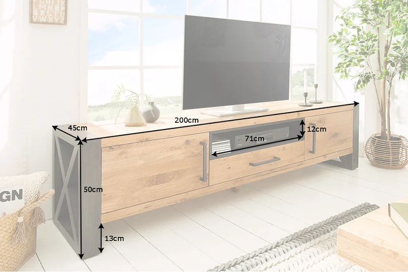 Meuble TV massif THOR 200 cm en chêne sauvage huilé au design industriel