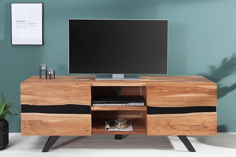 Meuble TV massif AMAZONAS 160cm meuble bas en métal acacia bord d’arbre