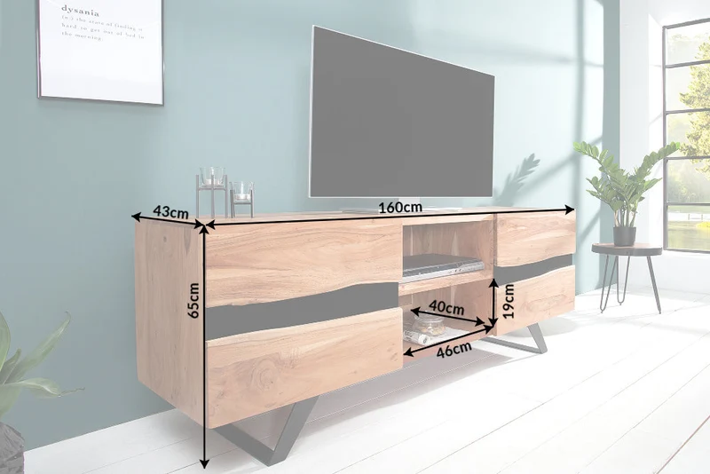 Meuble TV massif AMAZONAS 160cm meuble bas en métal acacia bord d’arbre