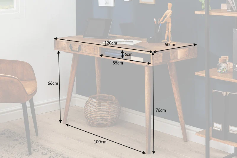 Bureau massif RETRO 120cm table de bureau en manguier avec tiroir