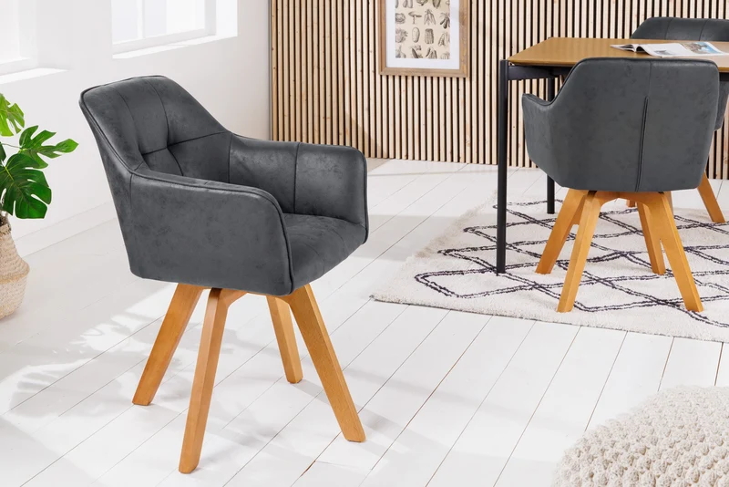 Lot de 2x chaises design LOFT gris antique en microfibre pivotante en bois de hêtre massif avec accoudoirs