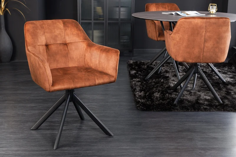 Lot de 2x chaises design LOFT en velours marron rouille pivotante structure en métal noir avec accoudoirs
