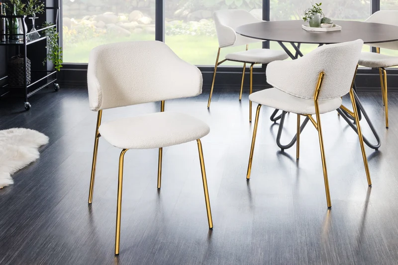 Lot de 2x chaises design VOGUE blanc Bouclé pieds métal doré