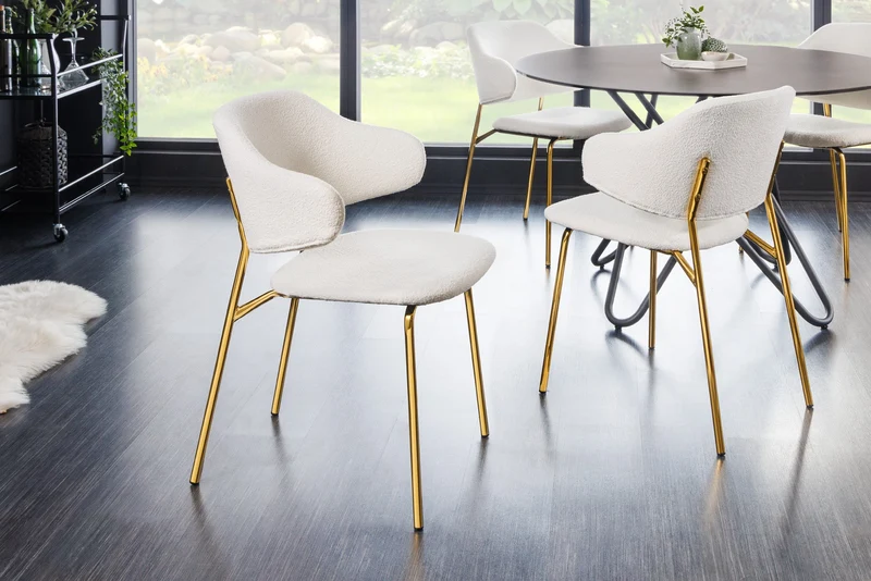 Lot de 2x chaises design VOGUE blanc Bouclé pieds métal doré