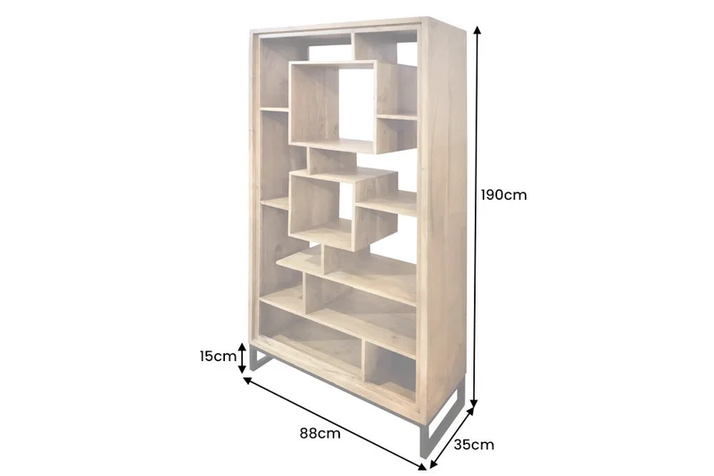 Bibliothèque en bois massif CUBUS 190cm acacia finition miel pieds métal étagère sur pied noire