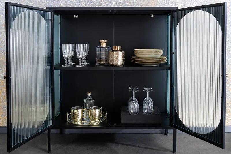 Vitrine moderne PARIS 110cm meuble buffet en verre nervuré noir doré