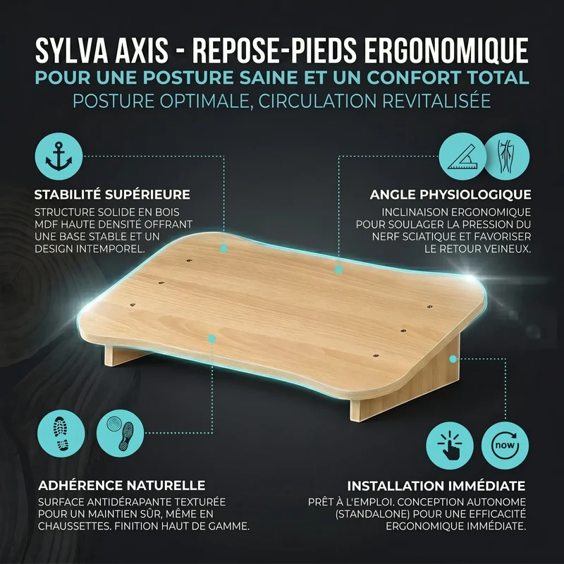 Repose-pieds ergonomique Sylva Axis en Bois MDF - Inclinaison Fixe - Posture & Circulation