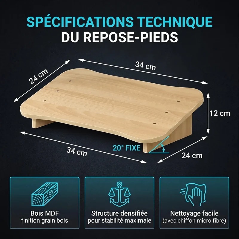 Repose-pieds ergonomique Sylva Axis en Bois MDF - Inclinaison Fixe - Posture & Circulation