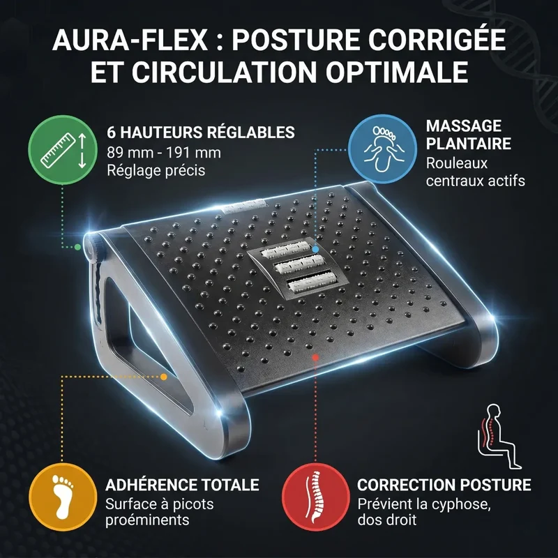 Repose-pieds ergonomique Aura-Flex : Polymère Haute Densité - Réglable - Posture & Circulation