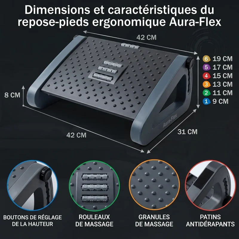 Repose-pieds ergonomique Aura-Flex : Polymère Haute Densité - Réglable - Posture & Circulation