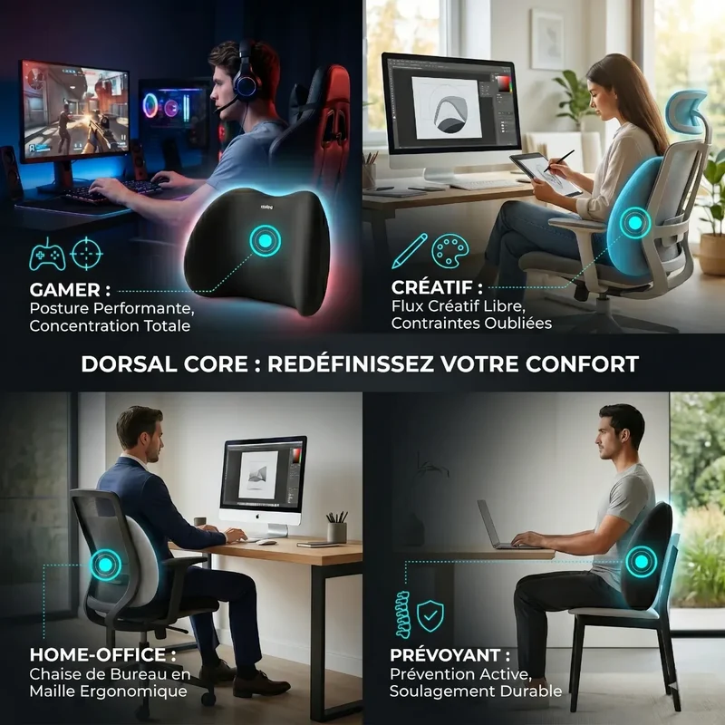 Coussin Lombaire Ergonomique Dorsal Core | Mousse à Mémoire de Forme HD - Soulagement & Correction Posturale