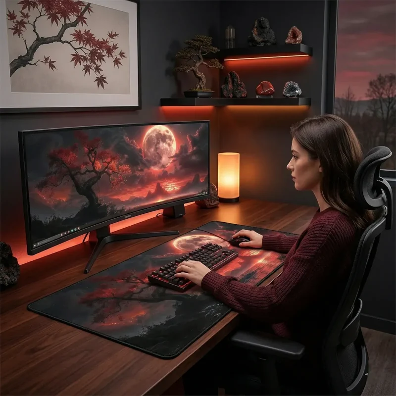 Tapis de souris Crimson Lunar Zen | Micro-tissage Haute Densité - XXL - Précision & Glisse