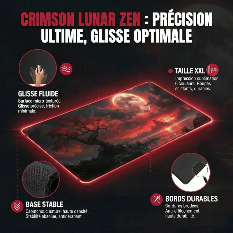 Tapis de souris Crimson Lunar Zen | Micro-tissage Haute Densité - XXL - Précision & Glisse