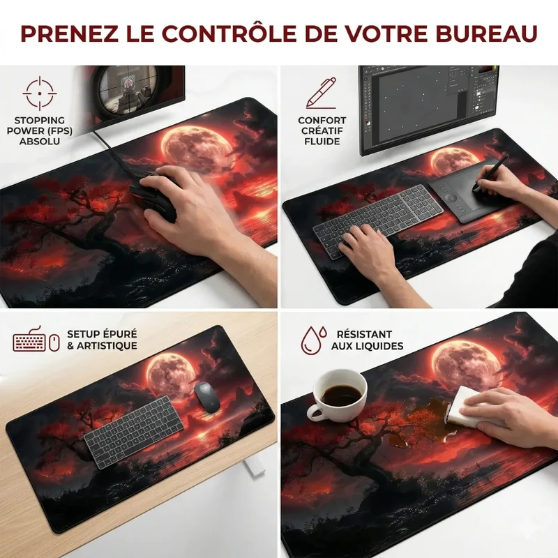 Tapis de souris Crimson Lunar Zen | Micro-tissage Haute Densité - XXL - Précision & Glisse